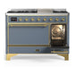 Ilve UM48FQNR3BGGLP Ilve Um48Fqnr3Bgglp Majestic Iii 48 Inch Dual Fuel Range With 8 Burners And Griddle, Dual Function Burner Up To 25,000 Btu (Liquid Propane, Solid Door, Blue Grey, Brass)