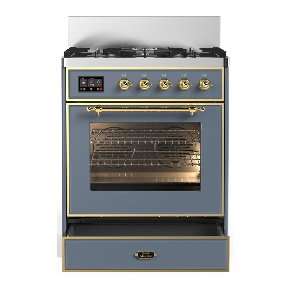 Ilve UM30NR3BGG Ilve Um30Nr3Bgg Majestic Iii 30 Inch Dual Fuel Range With 5 Black Brass Burners, Dual Function Burner Up To 25,000 Btu (Natural Gas, Triple Glass Door, Blue Grey, Brass)