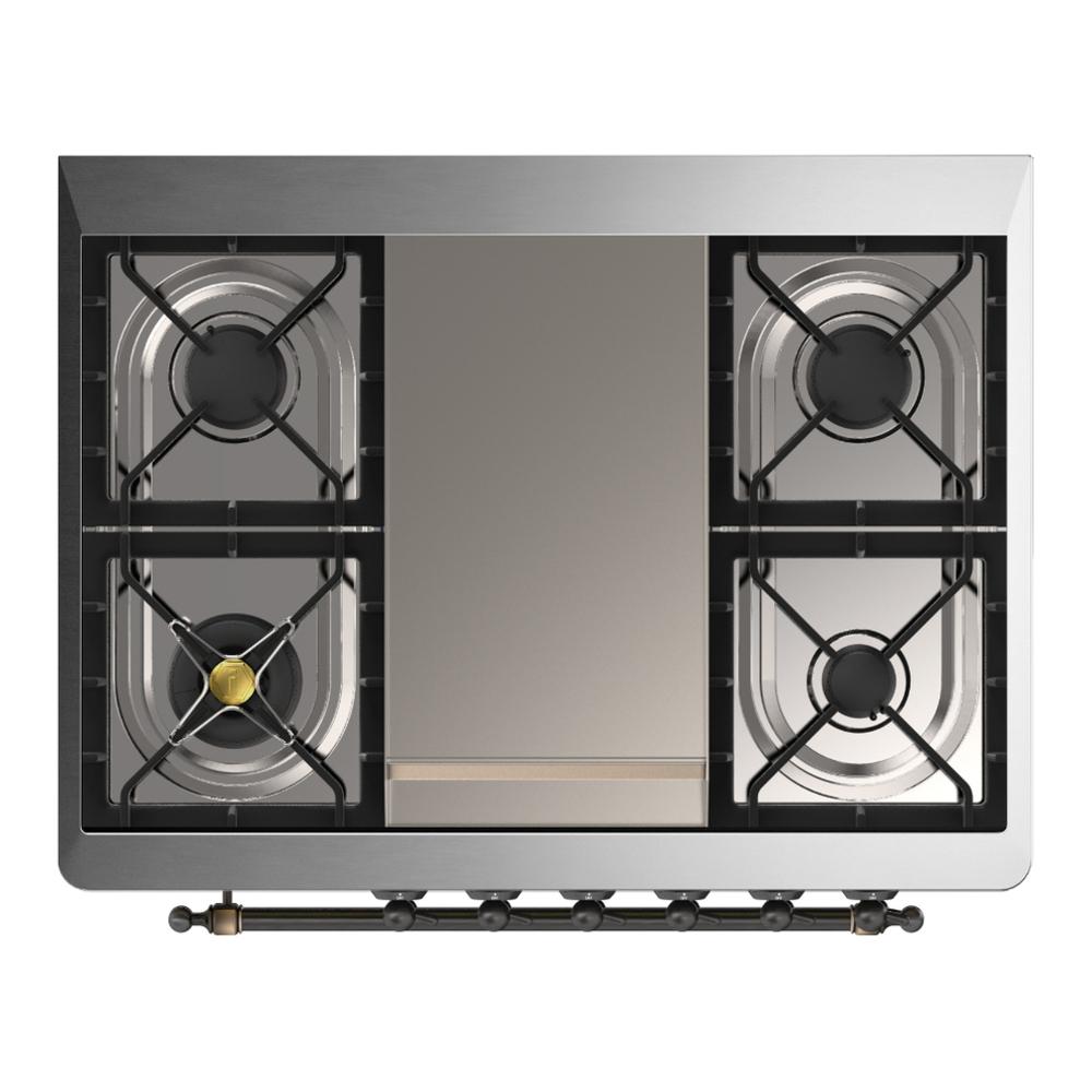 Ilve UM36FNR3MGB Ilve Um36Fnr3Mgb Majestic Iii 36 Inch Dual Fuel Range With 6 Black Brass Burners And Griddle, Dual Function Burner Up To 25,000 Btu (Triple Glass Door, Graphite Matte, Burnished, Natural Gas)