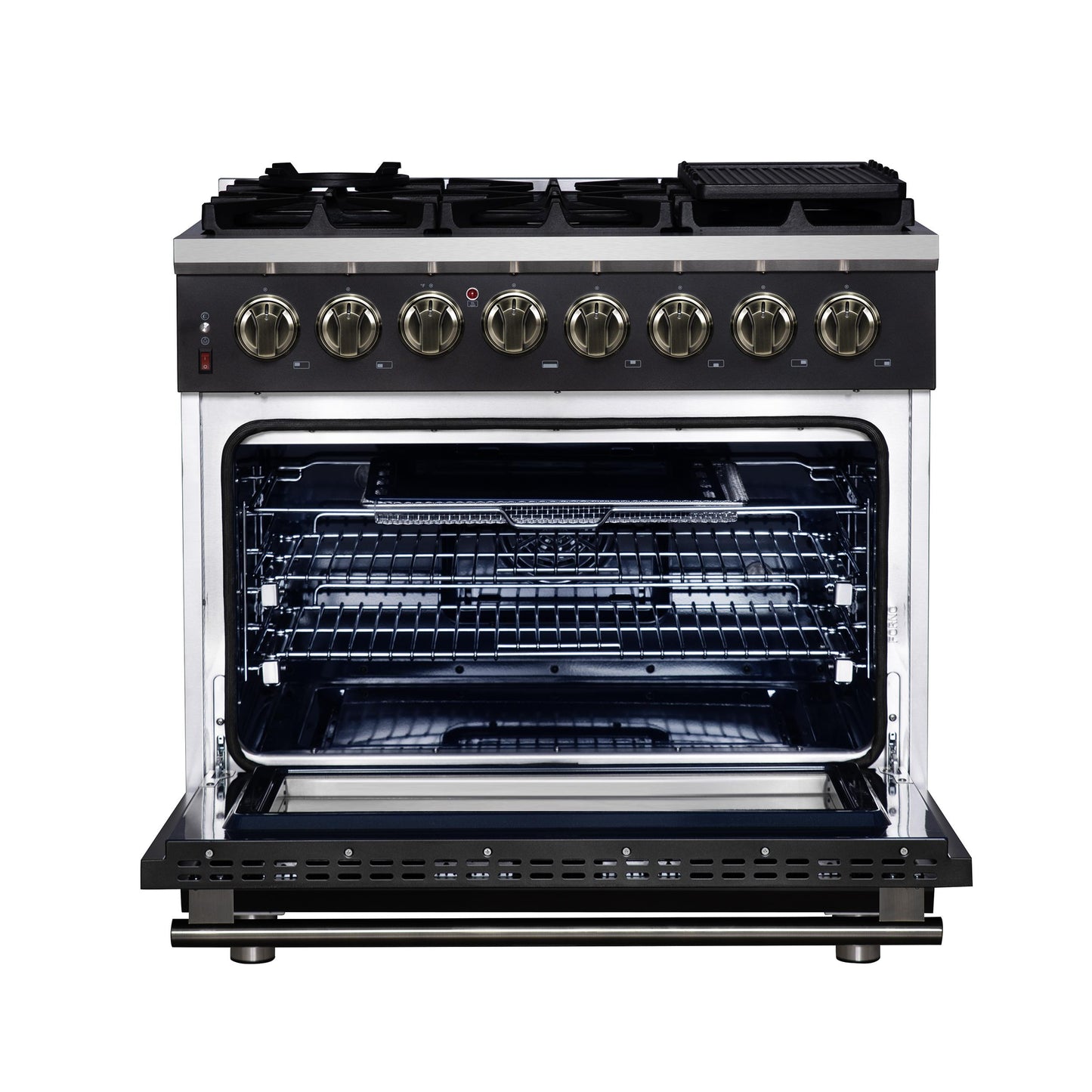 Forno FFSGS612536BLK Forno Massimo 36 Inch Freestanding Dual Fuel Range In Black With Antique Brass Accessories, 6 Burners, 5.36 Cu. Ft. Convection Oven