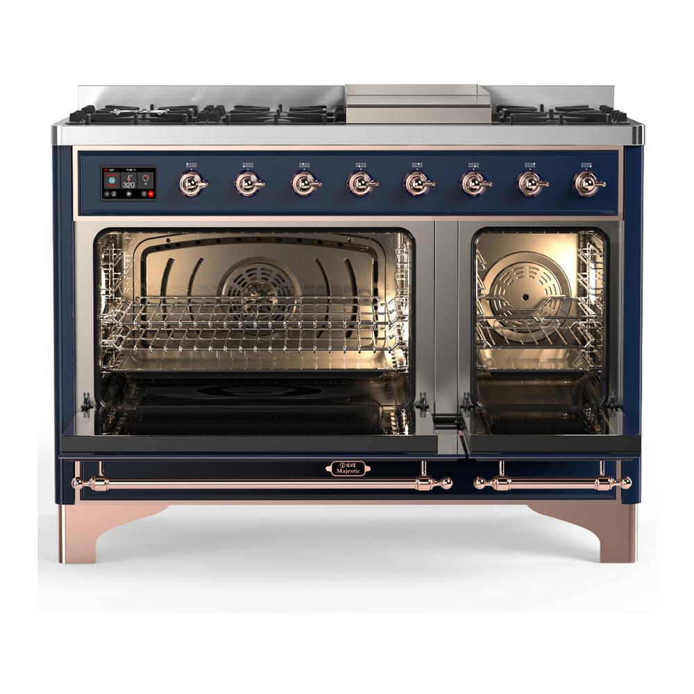 Ilve UM48FQNR3MBP Ilve Um48Fqnr3Mbp Majestic Iii 48 Inch Dual Fuel Range With 8 Burners And Griddle, Dual Function Burner Up To 25,000 Btu (Natural Gas, Solid Door, Midnight Blue, Copper)