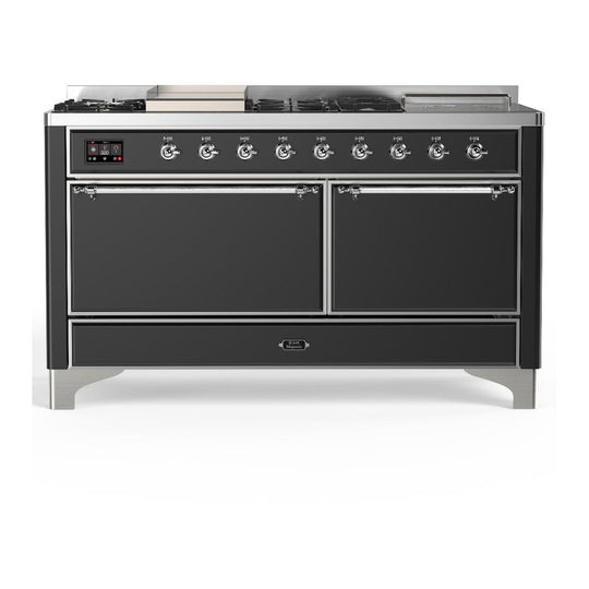 Ilve UM60FSQNR3MGC Ilve Um60Fsqnr3Mgc Majestic Iii 60 Inch Dual Fuel Range With 7 Burners, Griddle And French Top, Dual Function Burner With Up To 25,000 Btu (Natural Gas, Solid Door, Graphite Matte, Chrome)