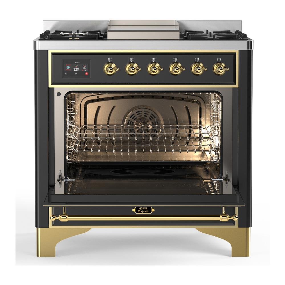 Ilve UM36FQNR3MGG Ilve Um36Fqnr3Mgg Majestic Iii 36 Inch Dual Fuel Range With 6 Black Brass Burners And Griddle, Dual Function Burner Up To 25,000 Btu (Solid Door, Graphite Matte, Brass, Natural Gas)