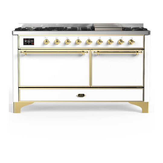 Ilve UM60FQNR3WHG Ilve Um60Fqnr3Whg Majestic Iii 60 Inch Dual Fuel Range With 9 Burners And Griddle, Dual Function Burner Up To 25,000 Btu (Natural Gas, Solid Door, White, Brass)