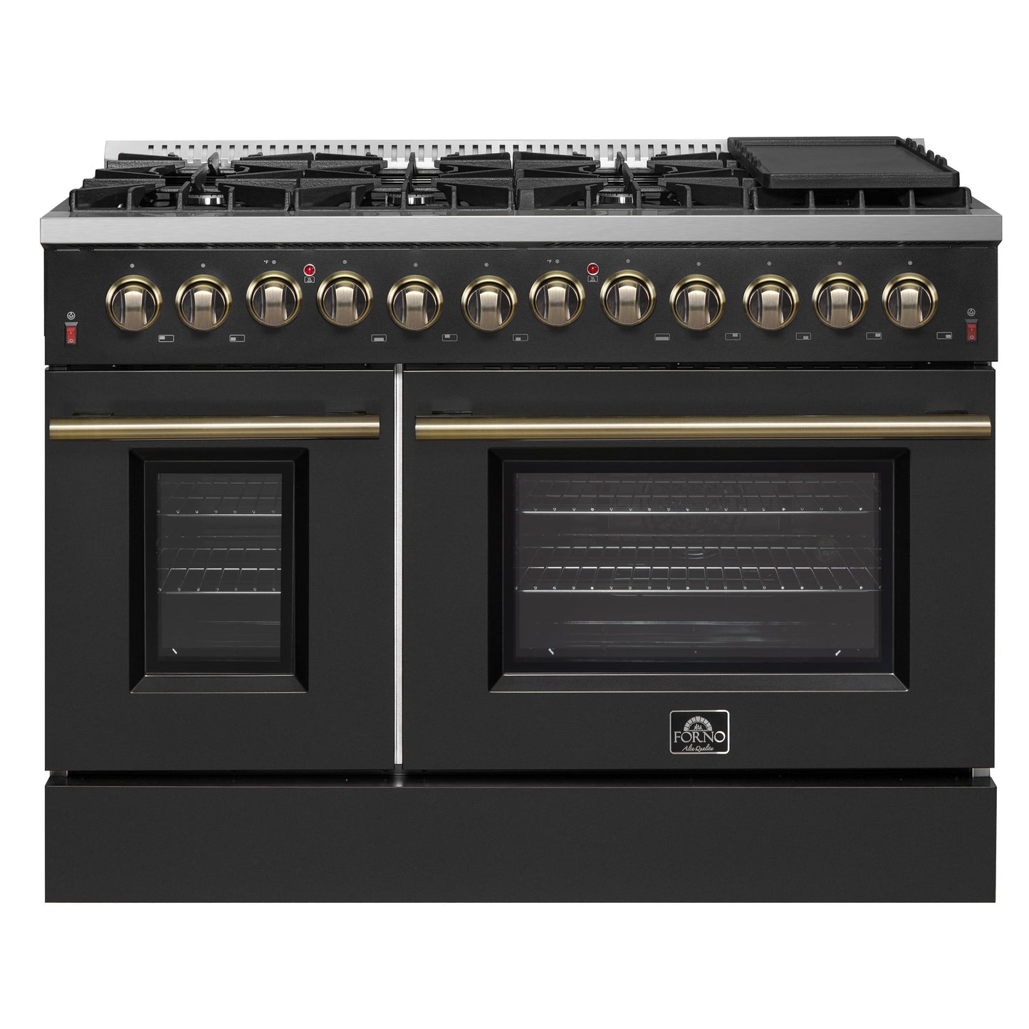 Forno FFSGS615648BLK Galiano 48-Inch Dual Fuel Range Black & Antique Brass Design With 8 Sealed Burners 107,000 Btu, 6.58 Cu. Ft. Double Ovens & Griddle