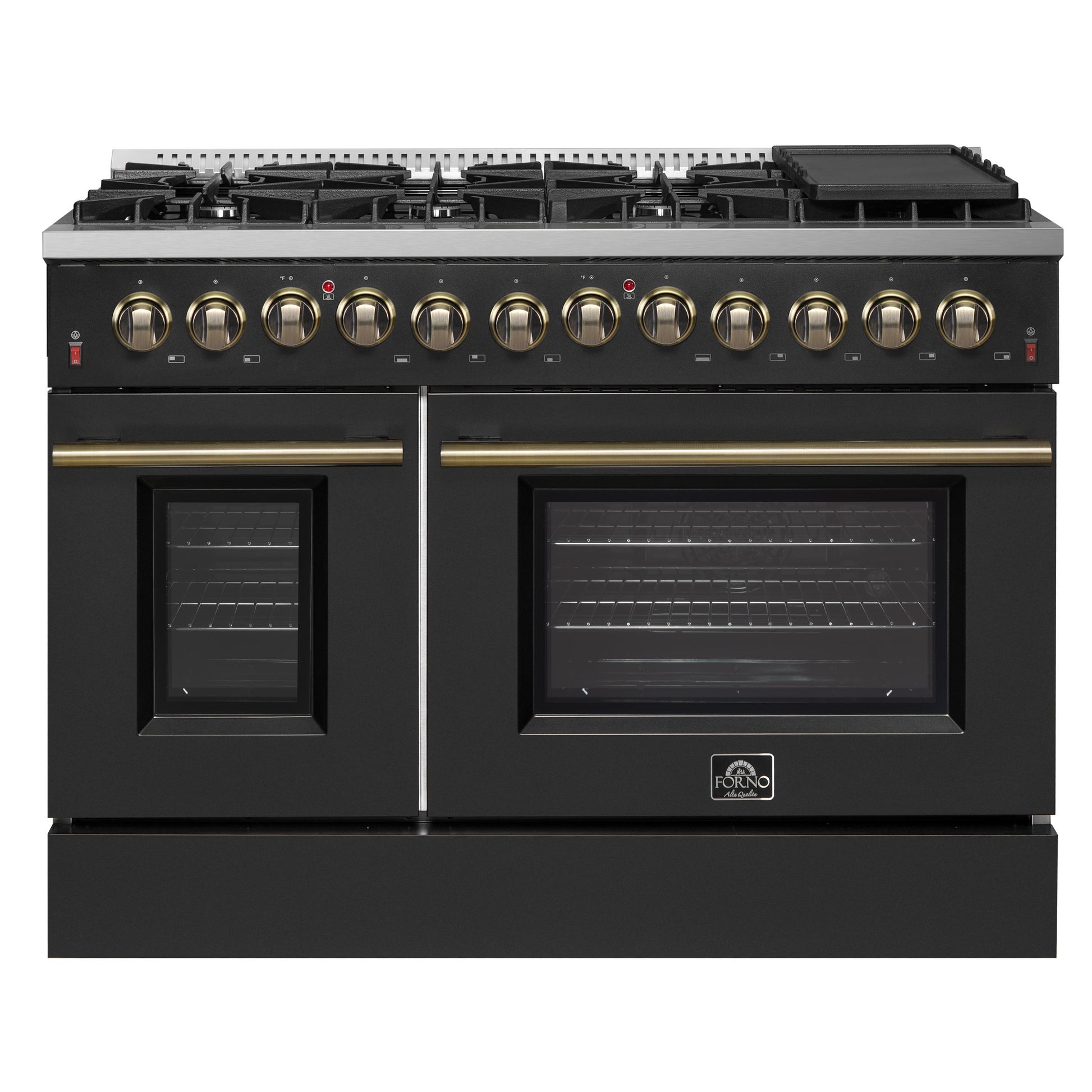 Forno FFSGS615648BLK Galiano 48-Inch Dual Fuel Range Black & Antique Brass Design With 8 Sealed Burners 107,000 Btu, 6.58 Cu. Ft. Double Ovens & Griddle