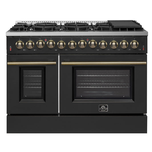 Forno FFSGS615648BLK Galiano 48-Inch Dual Fuel Range Black & Antique Brass Design With 8 Sealed Burners 107,000 Btu, 6.58 Cu. Ft. Double Ovens & Griddle