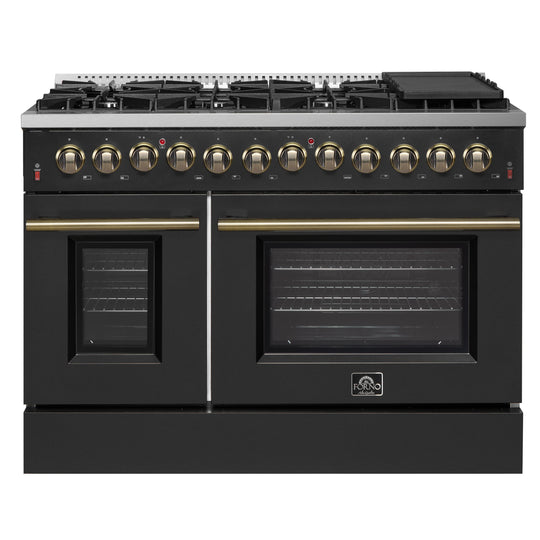 Forno FFSGS615648BLK Galiano 48-Inch Dual Fuel Range Black & Antique Brass Design With 8 Sealed Burners 107,000 Btu, 6.58 Cu. Ft. Double Ovens & Griddle