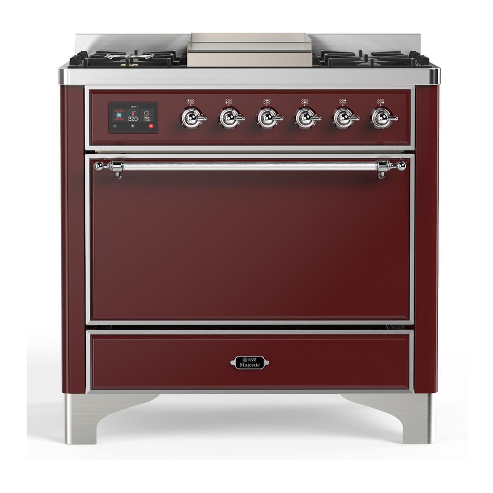 Ilve UM36FQNR3BUC Ilve Um36Fqnr3Buc Majestic Iii 36 Inch Dual Fuel Range With 6 Black Brass Burners And Griddle, Dual Function Burner Up To 25,000 Btu (Solid Door, Burgundy, Chrome, Natural Gas)