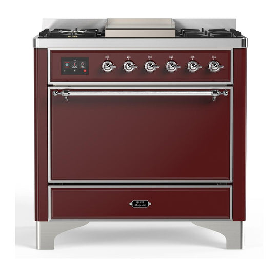 Ilve UM36FQNR3BUC Ilve Um36Fqnr3Buc Majestic Iii 36 Inch Dual Fuel Range With 6 Black Brass Burners And Griddle, Dual Function Burner Up To 25,000 Btu (Solid Door, Burgundy, Chrome, Natural Gas)