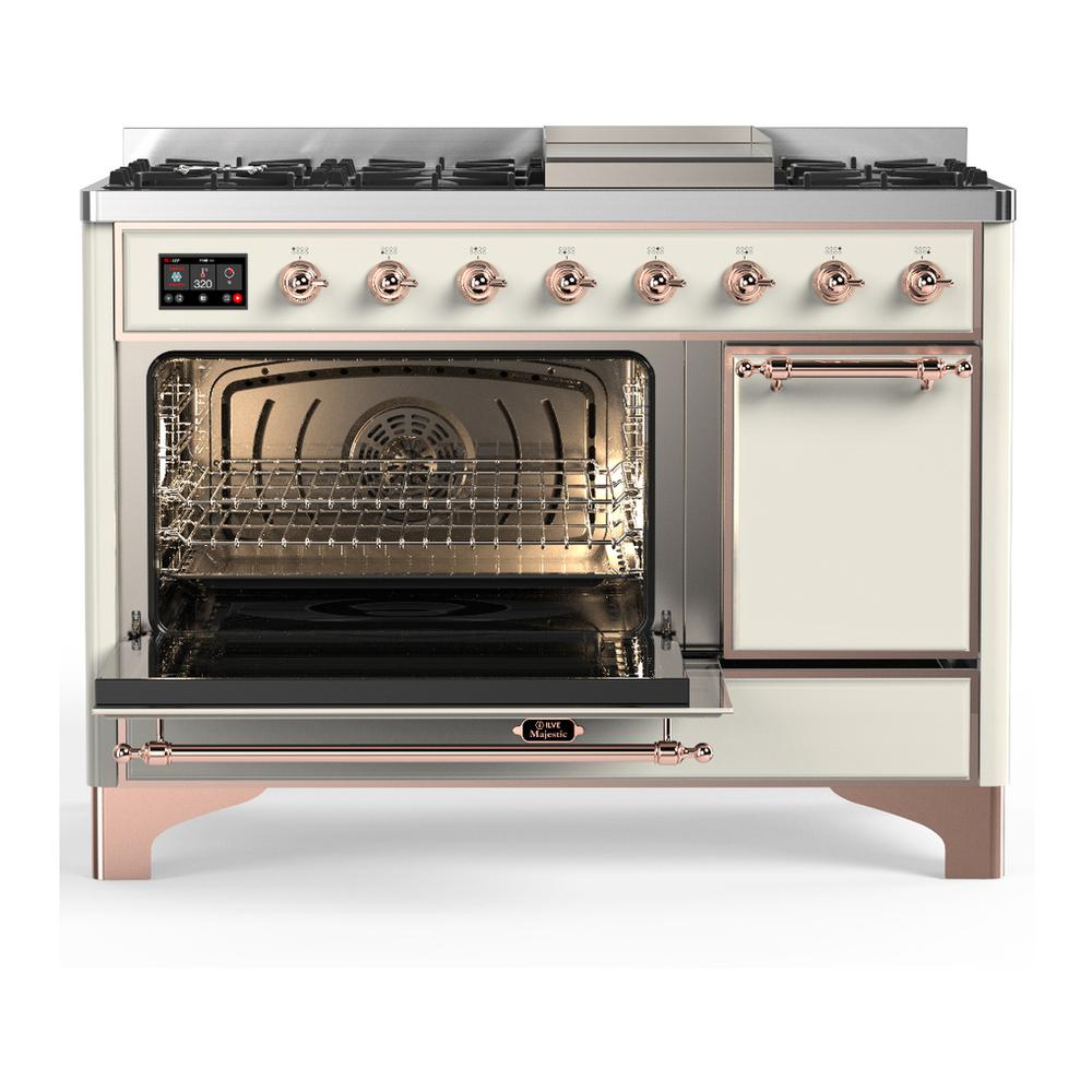 Ilve UM48FQNR3AWPLP Ilve Um48Fqnr3Awplp Majestic Iii 48 Inch Dual Fuel Range With 8 Burners And Griddle, Dual Function Burner Up To 25,000 Btu (Liquid Propane, Solid Door, Antique White, Copper)