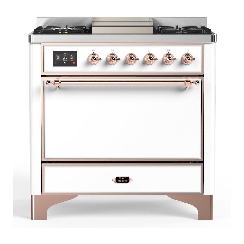 Ilve UM36FQNR3WHPLP Ilve Um36Fqnr3Whplp Majestic Iii 36 Inch Dual Fuel Range With 6 Black Brass Burners And Griddle, Dual Function Burner Up To 25,000 Btu (Solid Door, White, Copper, Liquid Propane)