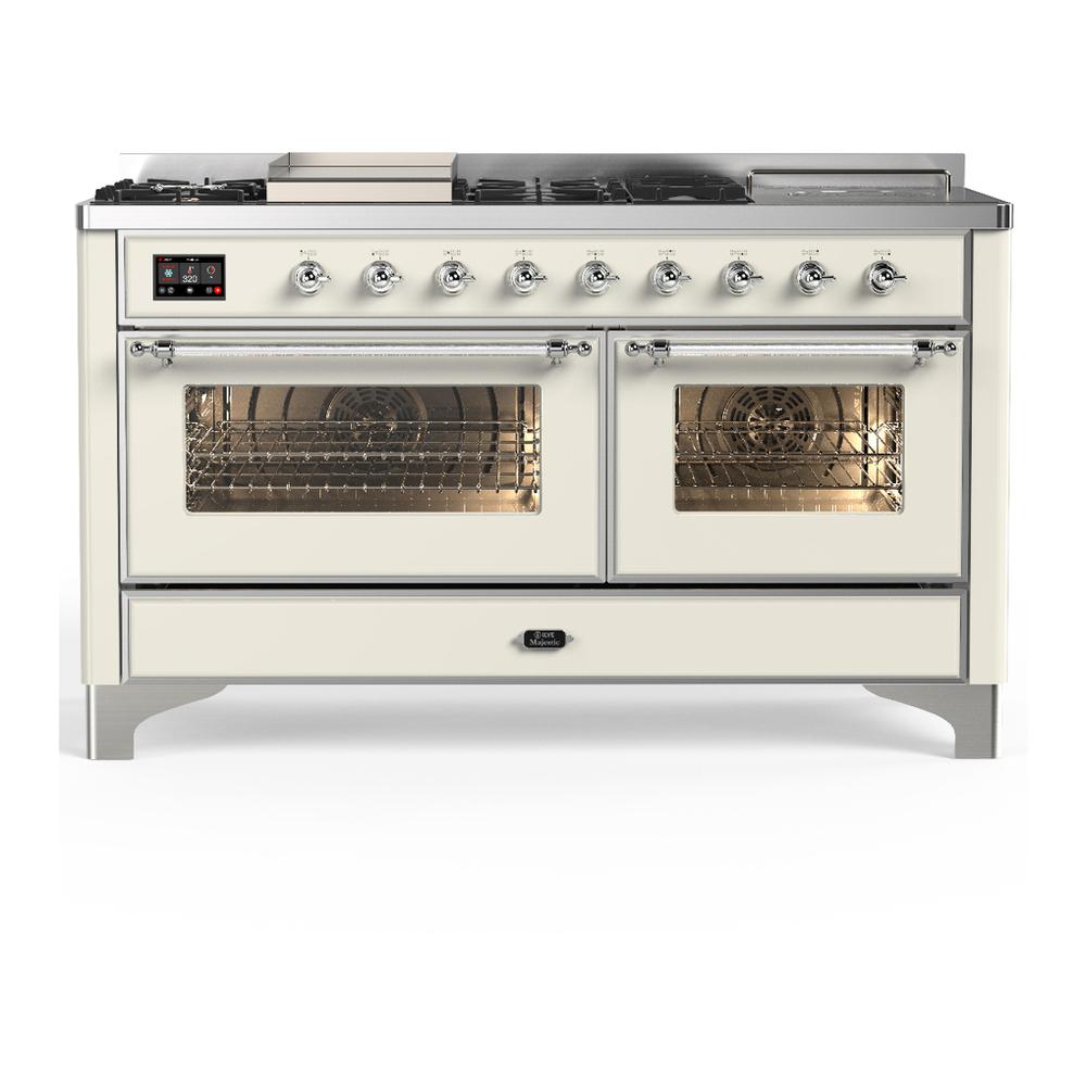 Ilve UM60FSNR3AWCLP Ilve Um60Fsnr3Awclp Majestic Iii 60 Inch Dual Fuel Range With 7 Burners, Griddle And French Top, Dual Function Burner With Up To 25,000 Btu (Liquid Propane, Triple Glass Door, Antique White, Chrome)