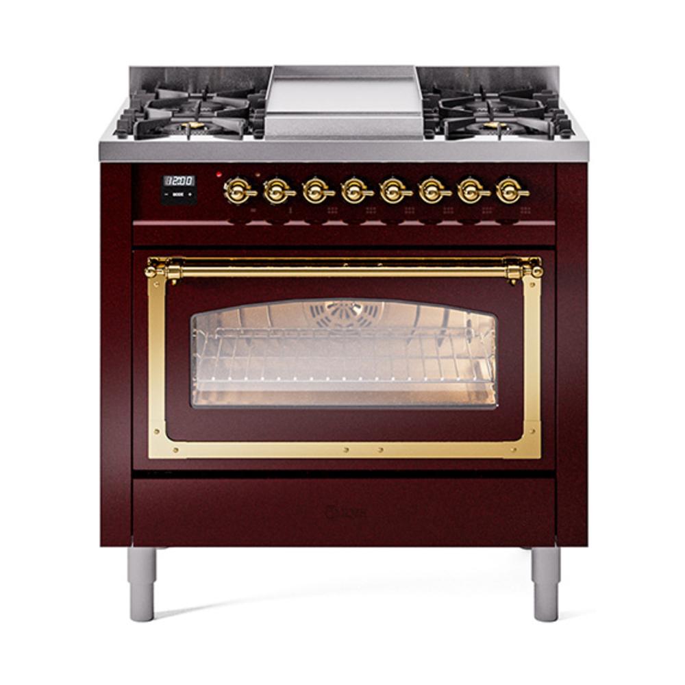 Ilve UN36FNMPBUG Ilve Un36Fnmpbug Nostalgie Ii Noblesse 36" Dual Fuel Range (Natural Gas, Triple Glass Door, Burgundy, Brass)
