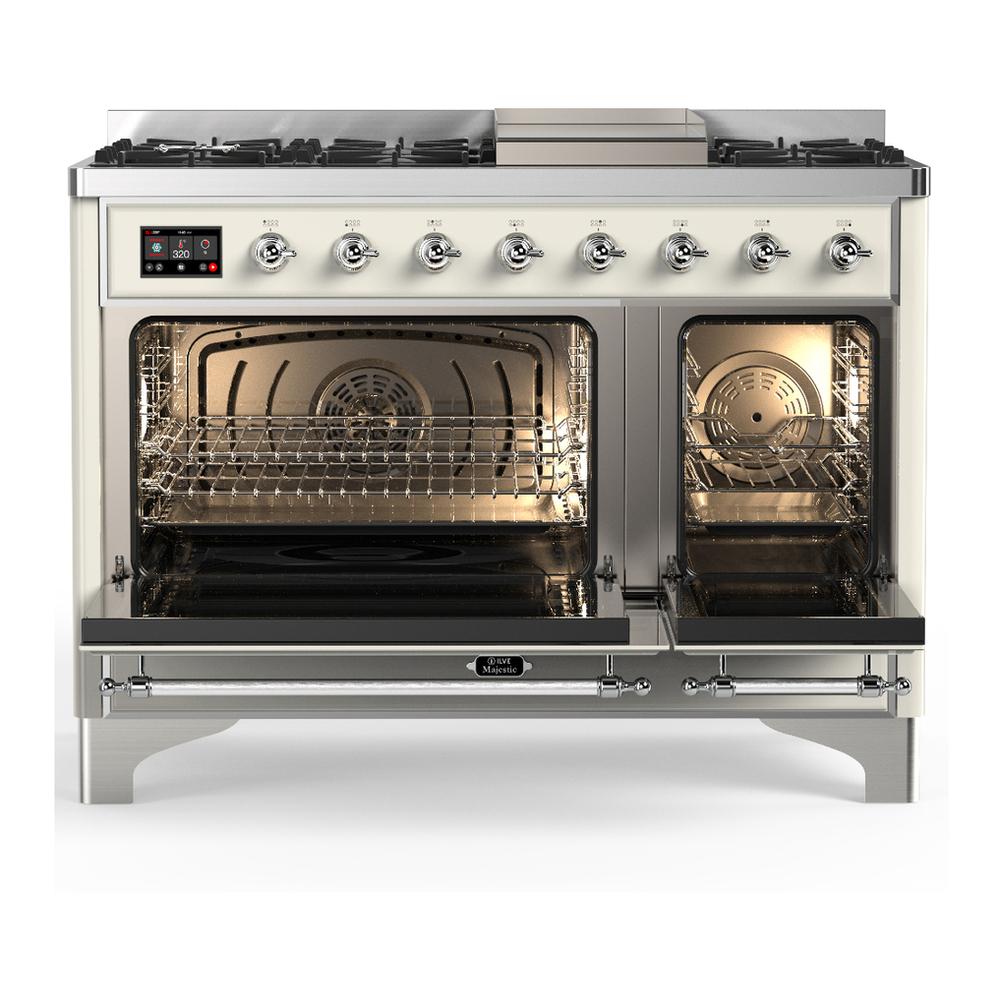 Ilve UM48FNR3AWCLP Ilve Um48Fnr3Awclp Majestic Iii 48 Inch Dual Fuel Range With 8 Burners And Griddle, Dual Function Burner Up To 25,000 Btu (Liquid Propane, Triple Glass Door, Antique White, Chrome)