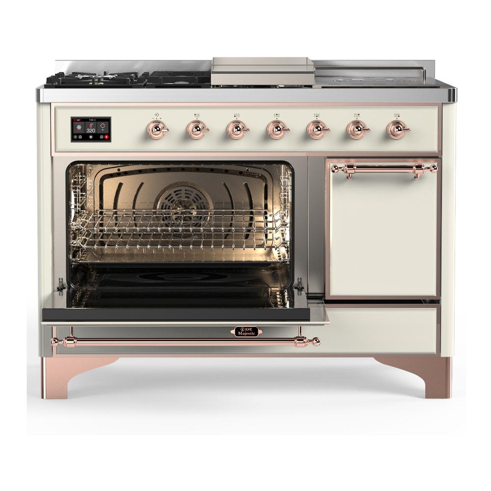 Ilve UM48FSQNR3AWPLP Ilve Um48Fsqnr3Awplp Majestic Iii 48 Inch Dual Fuel Range With 5 Black Brass Burners, Griddle And French Top, Dual Function Burner Up To 25,000 Btu (Liquid Propane, Solid Door, Antique White, Copper)