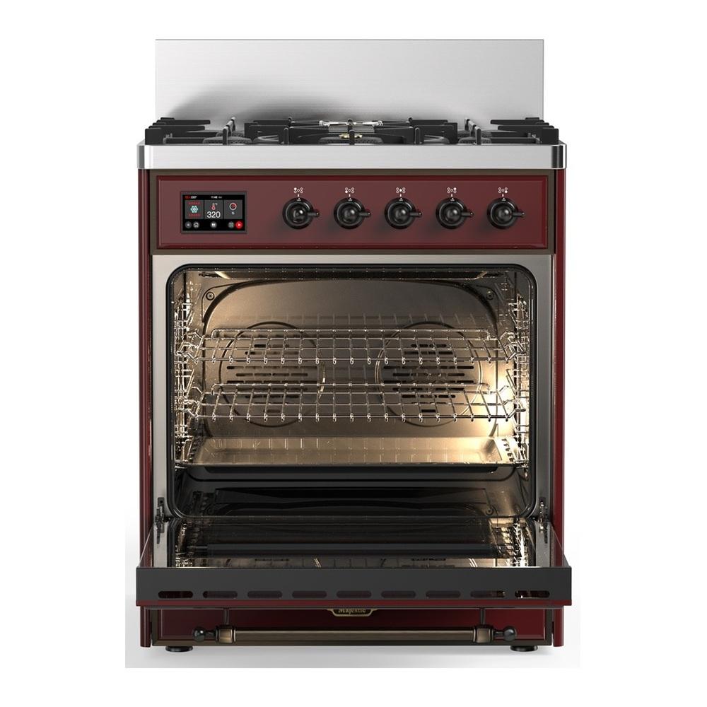 Ilve UM30QNR3BUBLP Ilve Um30Qnr3Bublp Majestic Iii 30 Inch Dual Fuel Range With 5 Black Brass Burners, Dual Function Burner Up To 25,000 Btu (Liquid Propane, Solid Door, Burgundy, Burnished)
