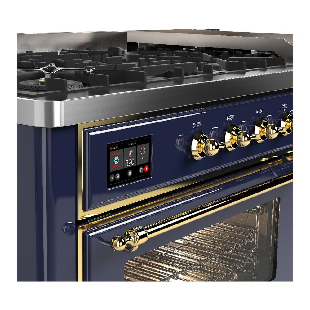 Ilve UM60FNR3MBGLP Ilve Um60Fnr3Mbglp Majestic Iii 60 Inch Dual Fuel Range With 9 Burners And Griddle, Dual Function Burner Up To 25,000 Btu (Liquid Propane, Triple Glass Door, Midnight Blue, Brass)