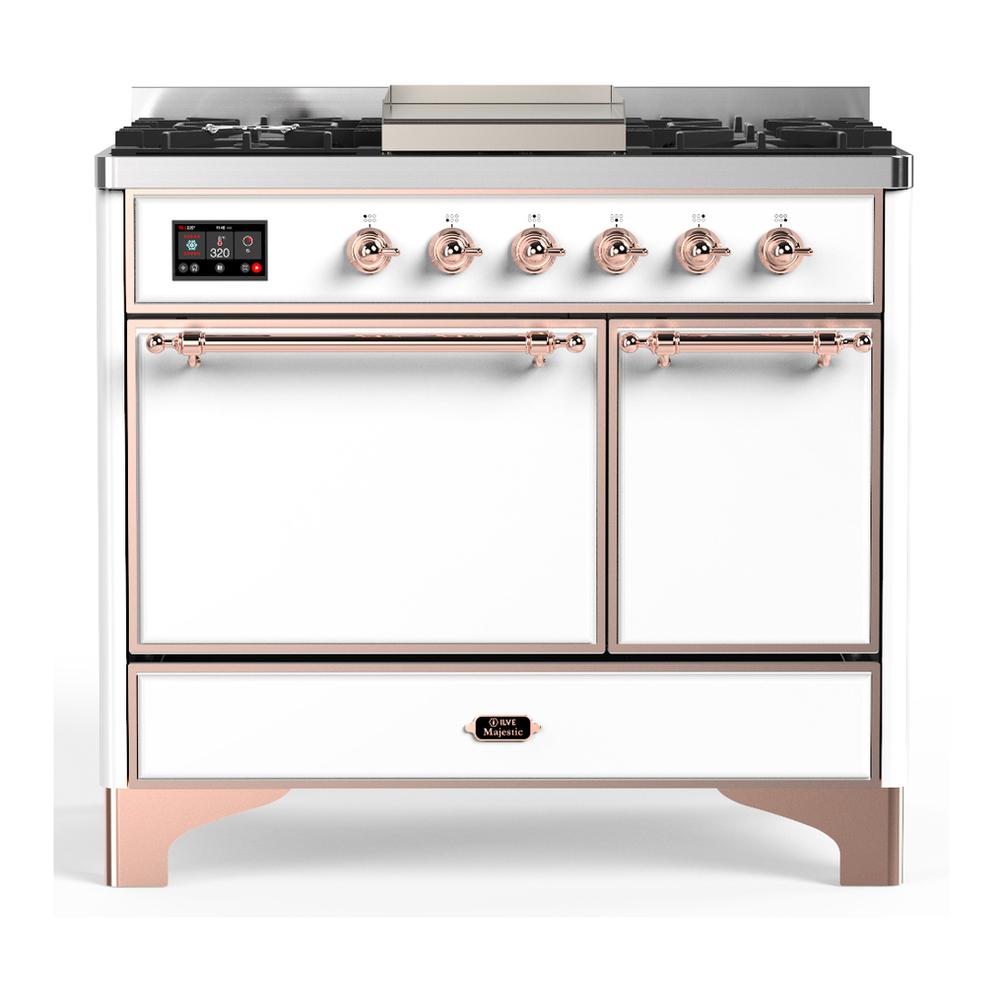 Ilve UMD40FQNR3WHP Ilve Umd40Fqnr3Whp Majestic Iii 40 Inch Dual Fuel Range With 6 Burners And Griddle, Dual Function Burner Up To 25,000 Btu (Natural Gas, Solid Door, White, Copper)