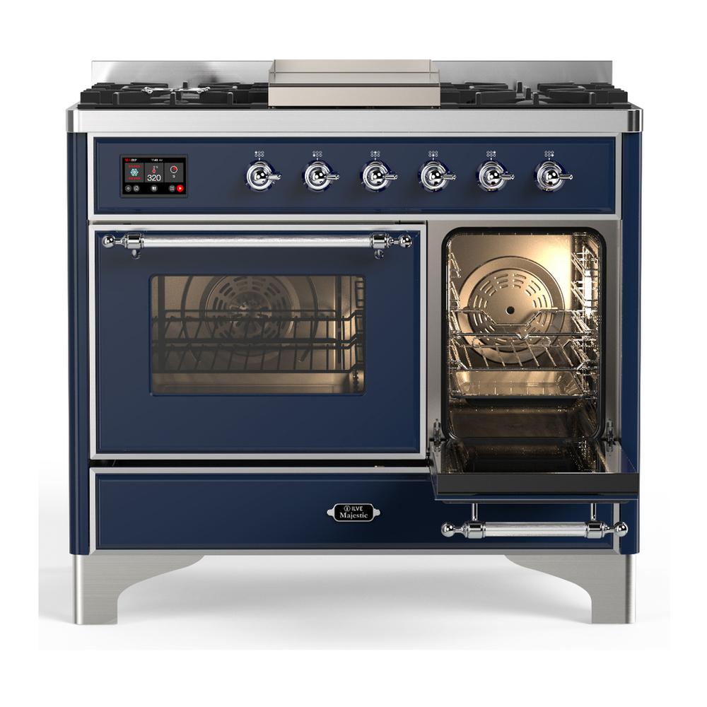 Ilve UMD40FNR3MBC Ilve Umd40Fnr3Mbc Majestic Iii 40 Inch Dual Fuel Range With 6 Burners And Griddle, Dual Function Burner Up To 25,000 Btu (Natural Gas, Triple Glass Door, Midnight Blue, Chrome)