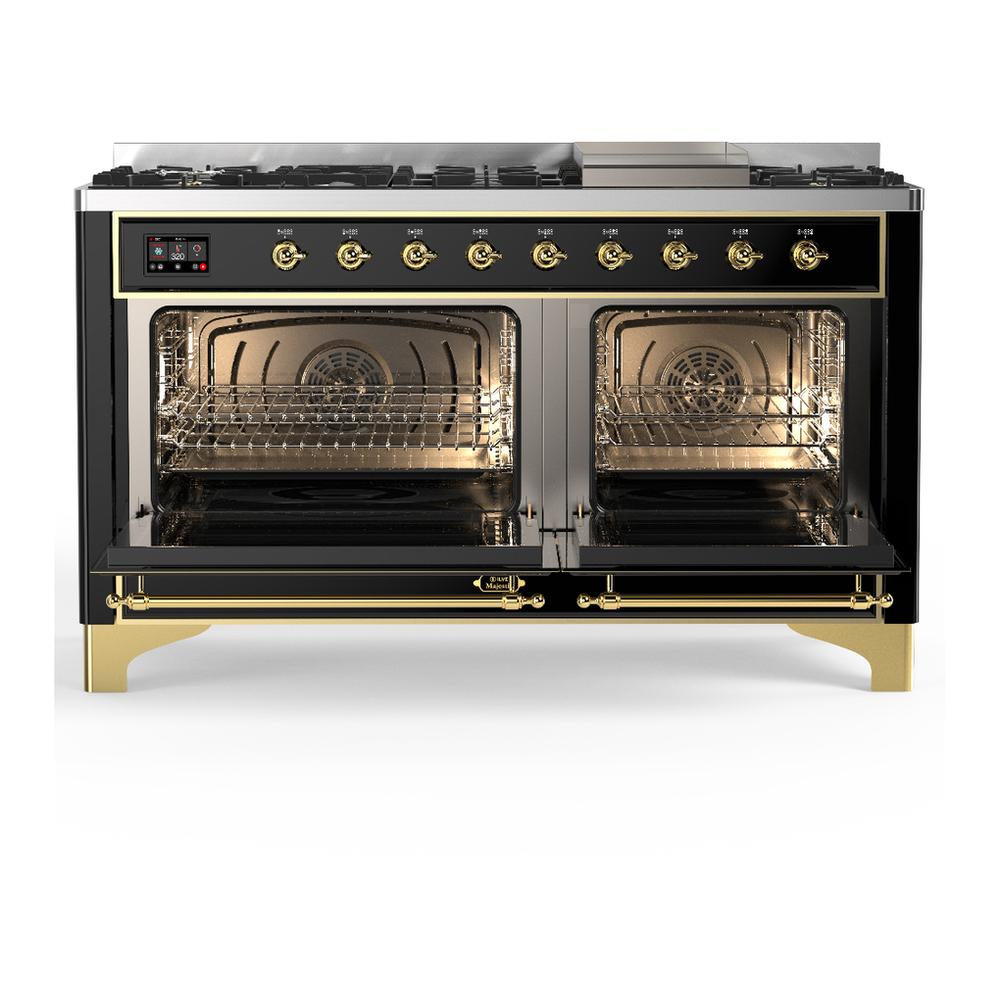 Ilve UM60FQNR3BKGLP Ilve Um60Fqnr3Bkglp Majestic Iii 60 Inch Dual Fuel Range With 9 Burners And Griddle, Dual Function Burner Up To 25,000 Btu (Liquid Propane, Solid Door, Glossy Black, Brass)
