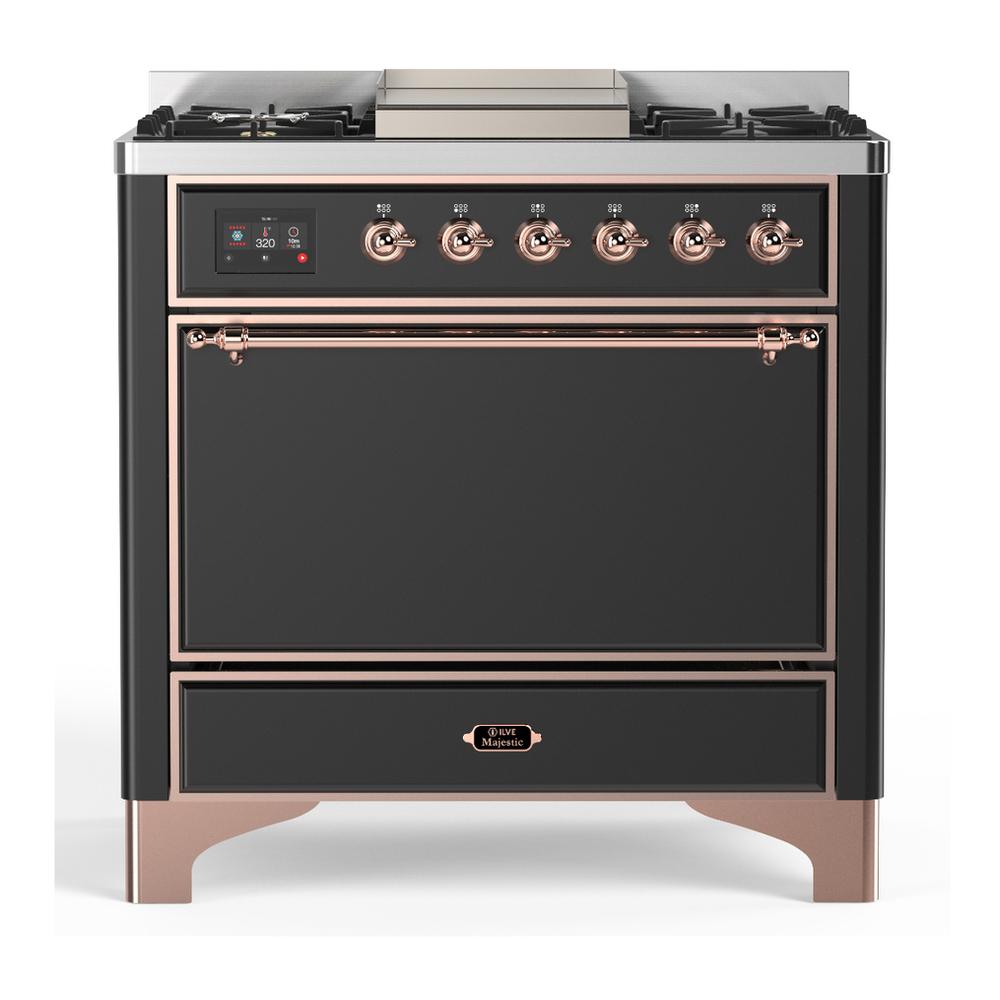 Ilve UM36FQNR3MGPLP Ilve Um36Fqnr3Mgplp Majestic Iii 36 Inch Dual Fuel Range With 6 Black Brass Burners And Griddle, Dual Function Burner Up To 25,000 Btu (Solid Door, Graphite Matte, Copper, Liquid Propane)
