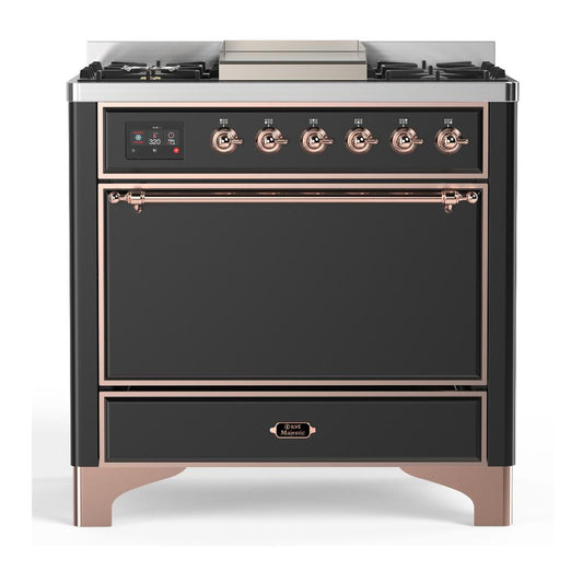 Ilve UM36FQNR3MGPLP Ilve Um36Fqnr3Mgplp Majestic Iii 36 Inch Dual Fuel Range With 6 Black Brass Burners And Griddle, Dual Function Burner Up To 25,000 Btu (Solid Door, Graphite Matte, Copper, Liquid Propane)