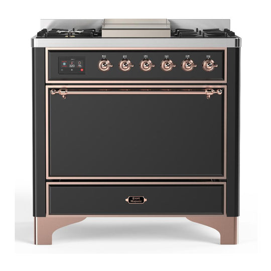 Ilve UM36FQNR3MGPLP Ilve Um36Fqnr3Mgplp Majestic Iii 36 Inch Dual Fuel Range With 6 Black Brass Burners And Griddle, Dual Function Burner Up To 25,000 Btu (Solid Door, Graphite Matte, Copper, Liquid Propane)
