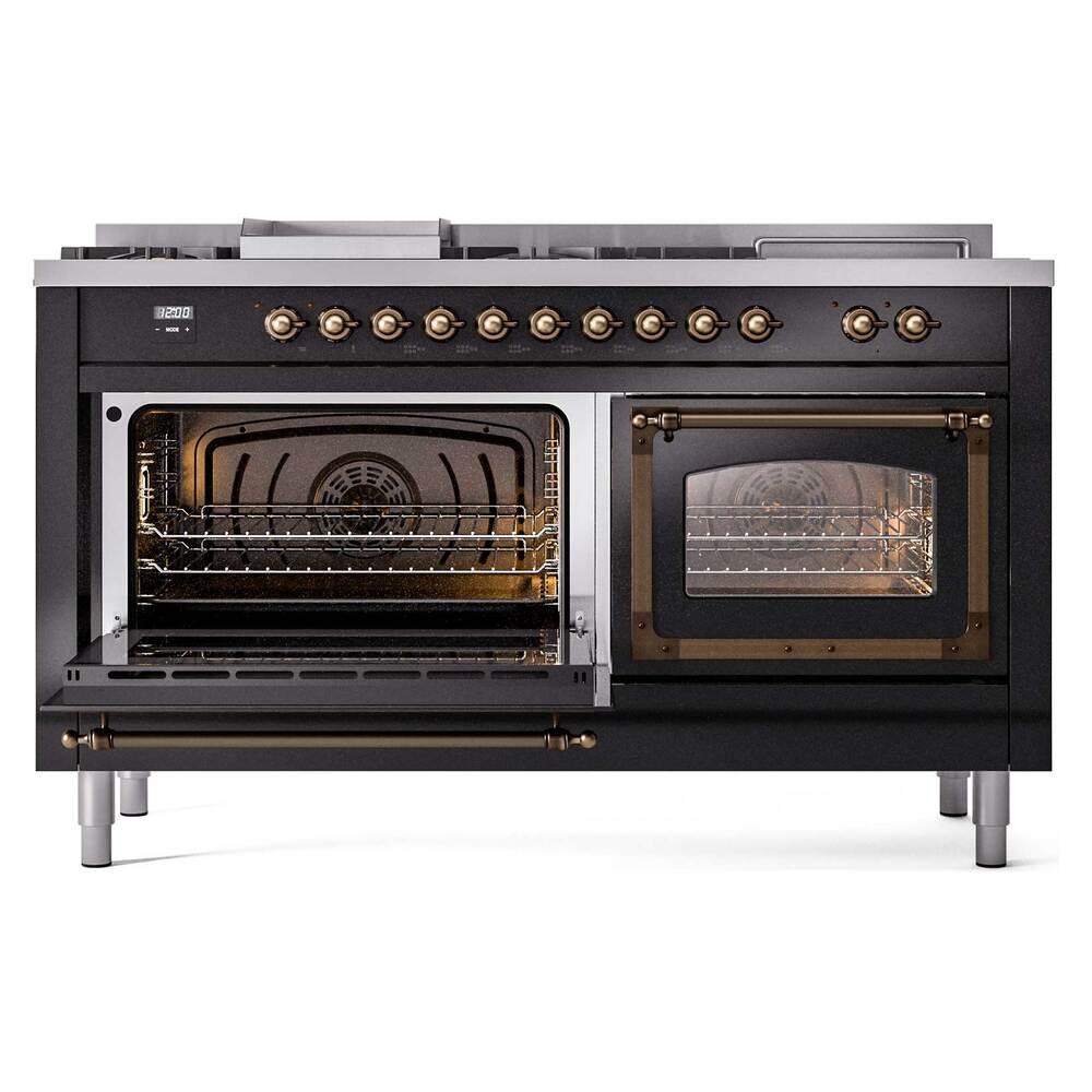 Ilve UN60FSNMPBKBLP Ilve Un60Fsnmpbkblp Nostalgie Ii Noblesse 60" Dual Fuel Range (7 Sealed Burners + Griddle + French Top, Liquid Propane, Triple Glass Door, Glossy Black, Burnished)