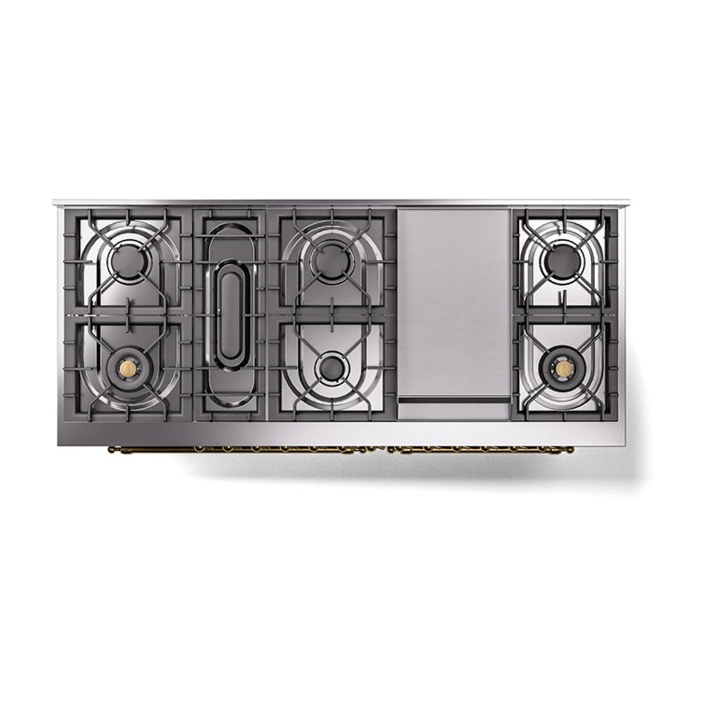 Ilve UN60FQNMPSSG Ilve Un60Fqnmpssg Nostalgie Ii Noblesse 60" Dual Fuel Range (9 Sealed Burners + Griddle, Natural Gas, Solid Door, Stainless Steel, Brass)