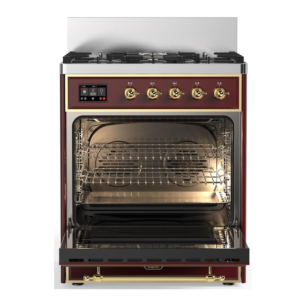 Ilve UM30QNR3BUG Ilve Um30Qnr3Bug Majestic Iii 30 Inch Dual Fuel Range With 5 Black Brass Burners, Dual Function Burner Up To 25,000 Btu (Natural Gas, Solid Door, Burgundy, Brass)