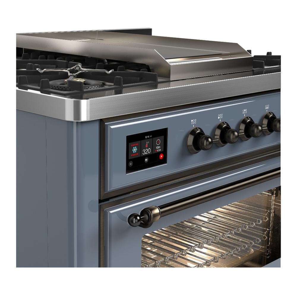 Ilve UM36FNR3BGB Ilve Um36Fnr3Bgb Majestic Iii 36 Inch Dual Fuel Range With 6 Black Brass Burners And Griddle, Dual Function Burner Up To 25,000 Btu (Triple Glass Door, Blue Grey, Burnished, Natural Gas)