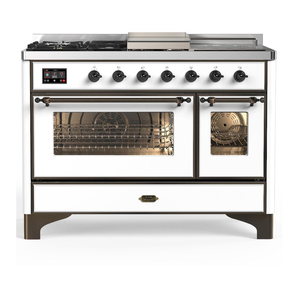 Ilve UM48FSNR3WHB Ilve Um48Fsnr3Whb Majestic Iii 48 Inch Dual Fuel Range With 5 Black Brass Burners, Griddle And French Top, Dual Function Burner Up To 25,000 Btu (Natural Gas, Triple Glass Door, White, Burnished)