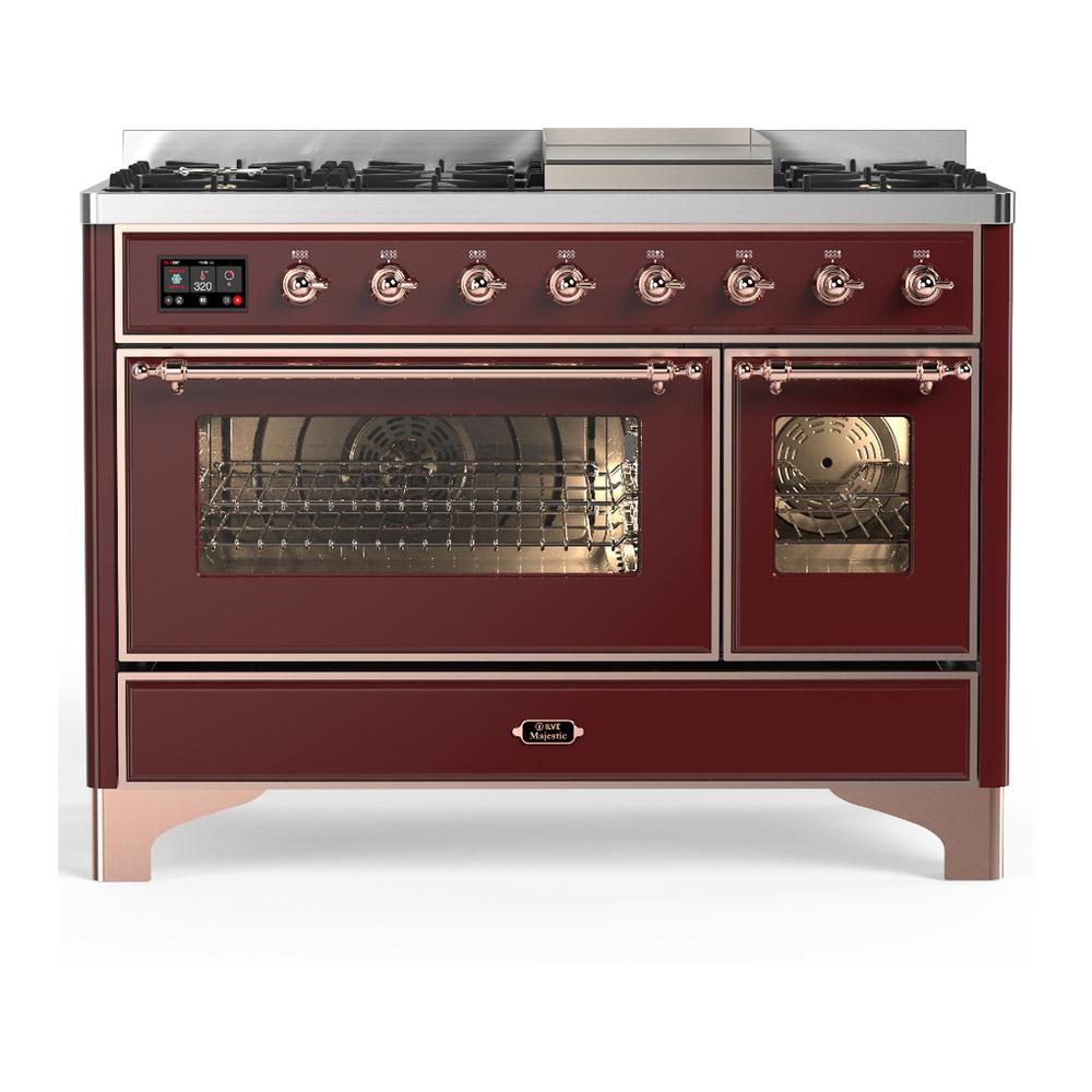 Ilve UM48FNR3BUP Ilve Um48Fnr3Bup Majestic Iii 48 Inch Dual Fuel Range With 8 Burners And Griddle, Dual Function Burner Up To 25,000 Btu (Natural Gas, Triple Glass Door, Burgundy, Copper)
