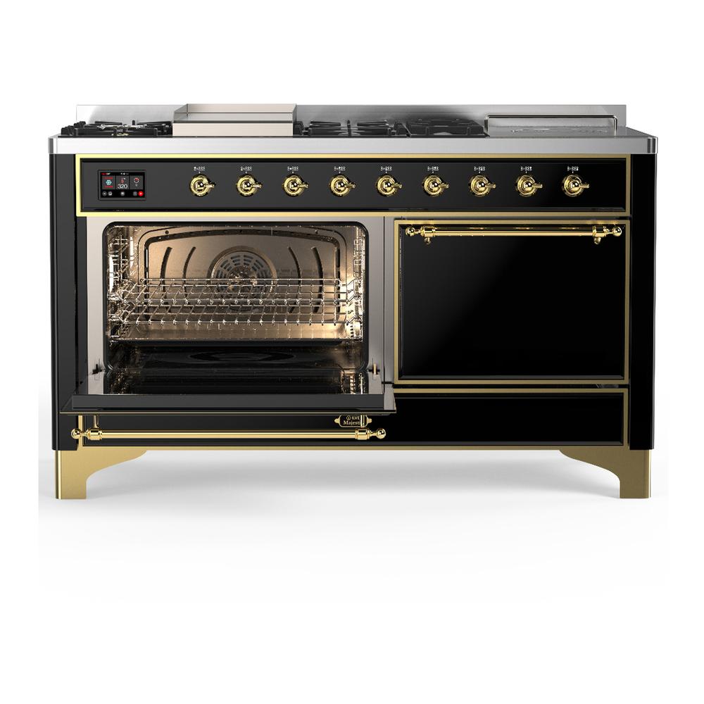 Ilve UM60FSQNR3BKGLP Ilve Um60Fsqnr3Bkglp Majestic Iii 60 Inch Dual Fuel Range With 7 Burners, Griddle And French Top, Dual Function Burner With Up To 25,000 Btu (Liquid Propane, Solid Door, Glossy Black, Brass)