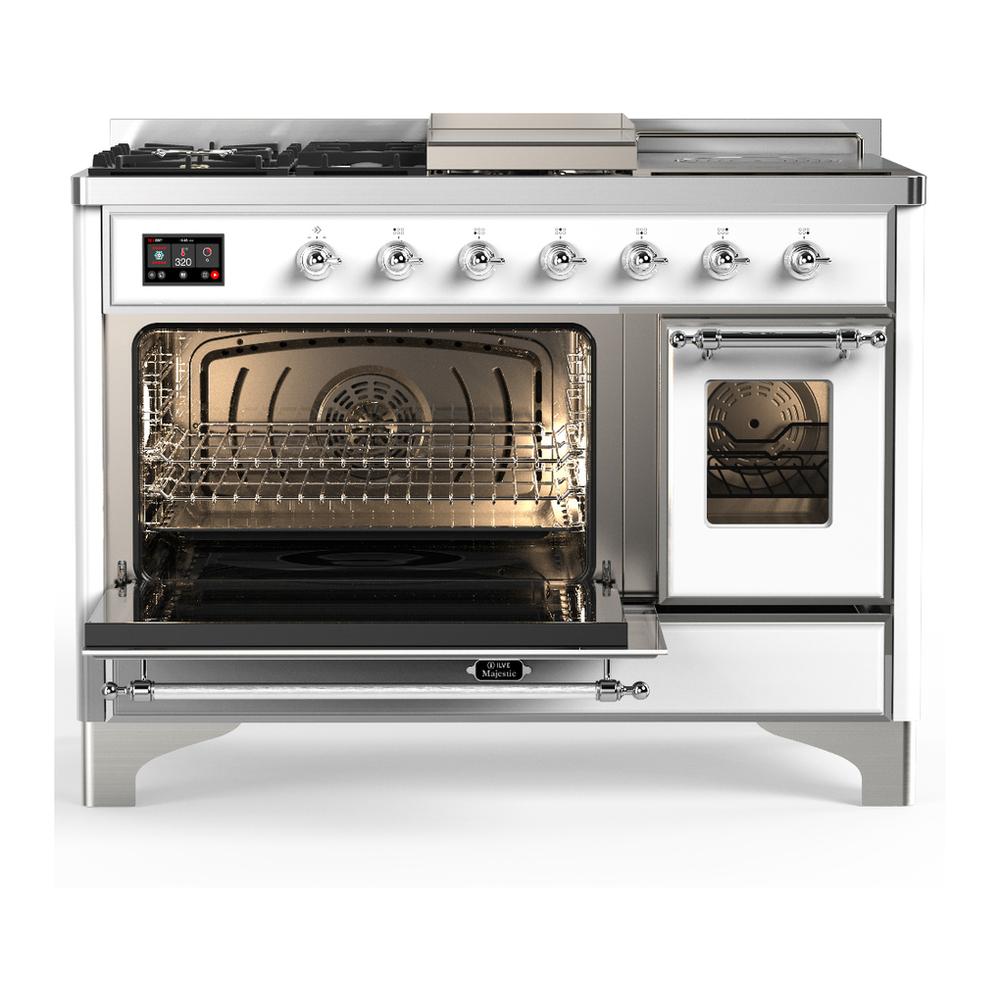 Ilve UM48FSNR3WHC Ilve Um48Fsnr3Whc Majestic Iii 48 Inch Dual Fuel Range With 5 Black Brass Burners, Griddle And French Top, Dual Function Burner Up To 25,000 Btu (Natural Gas, Triple Glass Door, White, Chrome)