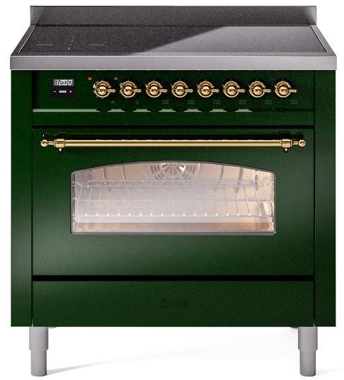 Ilve UPI366NMPEGG Nostalgie Ii 36 Inch Electric Freestanding Range In Emerald Green With Brass Trim