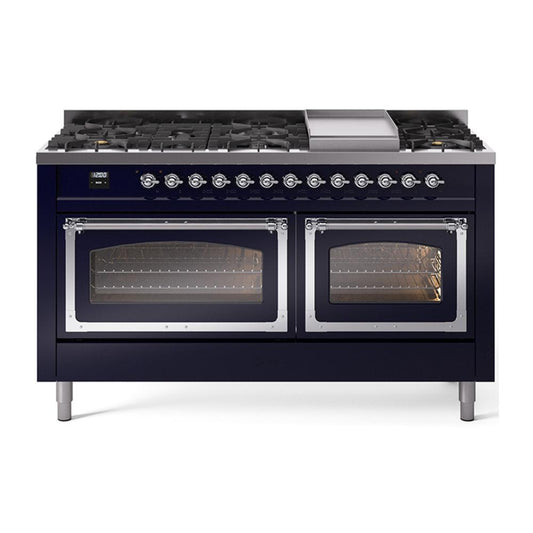 Ilve UN60FNMPMBCLP Ilve Un60Fnmpmbclp Nostalgie Ii Noblesse 60" Dual Fuel Range (9 Sealed Burners + Griddle, Liquid Propane, Triple Glass Door, Midnight Blue, Chrome)