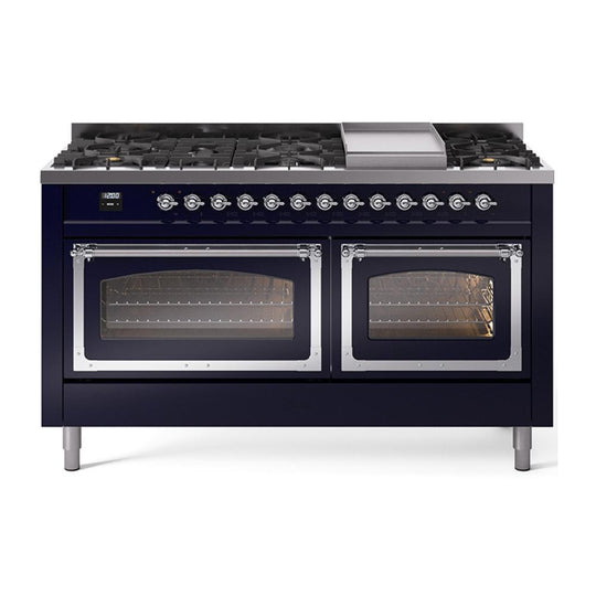 Ilve UN60FNMPMBCLP Ilve Un60Fnmpmbclp Nostalgie Ii Noblesse 60" Dual Fuel Range (9 Sealed Burners + Griddle, Liquid Propane, Triple Glass Door, Midnight Blue, Chrome)