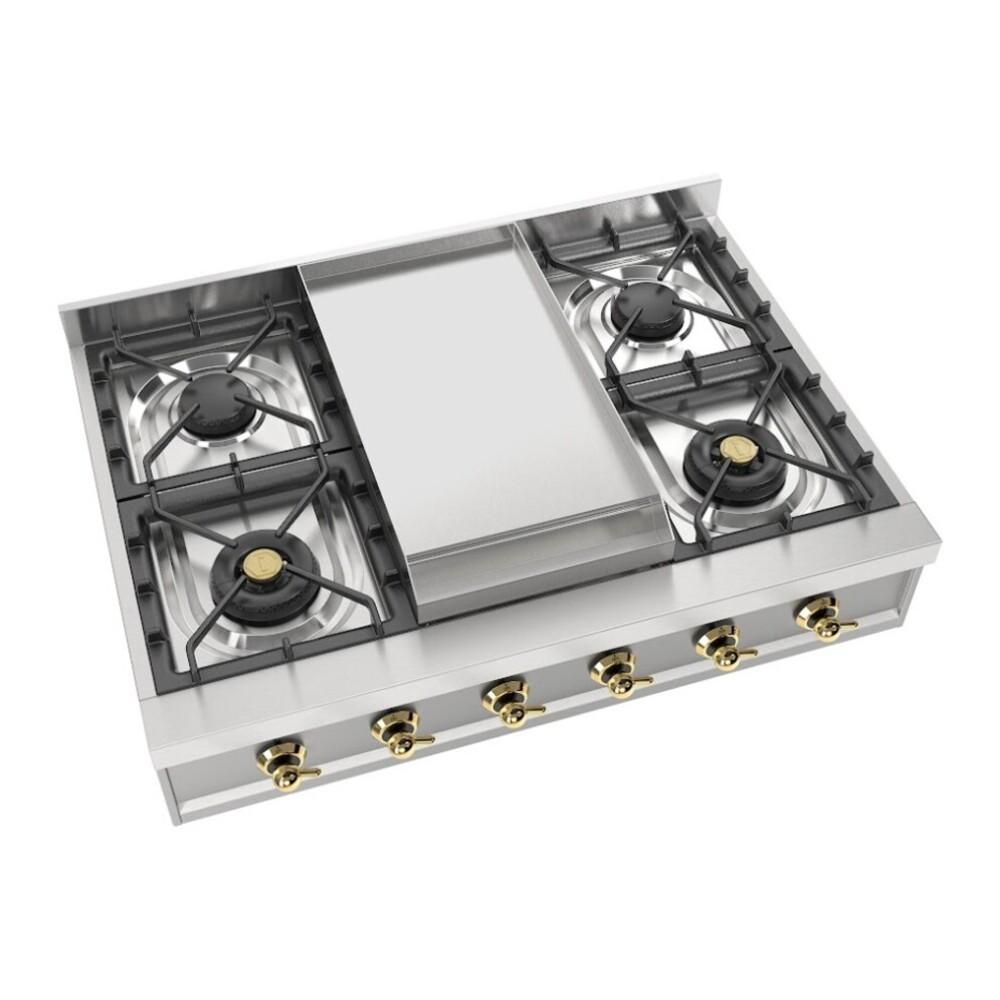 Ilve UHCP36FNSSGLP Ilve Uhcp36Fnssglp Nostalgie Ii 36 Inch Built-In Gas Rangetop With 6 Burners And Griddle, In Stainless Steel (Liquid Propane, Brass)