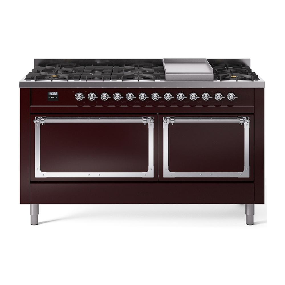 Ilve UN60FQNMPBUC Ilve Un60Fqnmpbuc Nostalgie Ii Noblesse 60" Dual Fuel Range (9 Sealed Burners + Griddle, Natural Gas, Solid Door, Burgundy, Chrome)