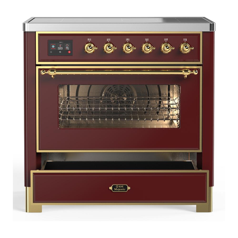 Ilve UMIB36NR3BUG Ilve Umib36Nr3Bug Majestic Iii 36 Inch Induction Range With 6 Elements, 3.5 Cu. Ft. Total Oven Capacity (Triple Glass Door, Burgundy, Brass)