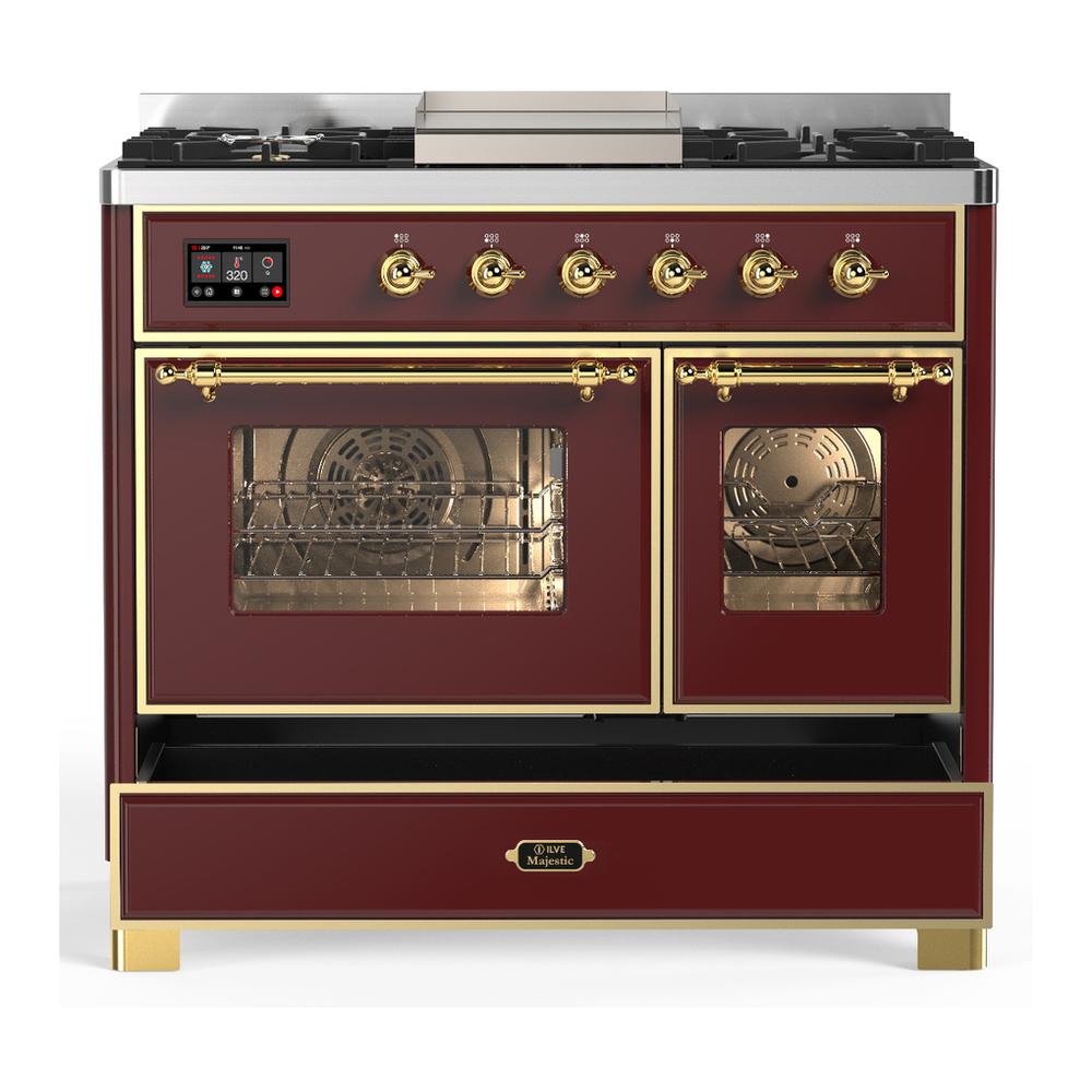 Ilve UMD40FNR3BUG Ilve Umd40Fnr3Bug Majestic Iii 40 Inch Dual Fuel Range With 6 Burners And Griddle, Dual Function Burner Up To 25,000 Btu (Natural Gas, Triple Glass Door, Burgundy, Brass)