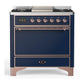 Ilve UM36FQNR3MBPLP Ilve Um36Fqnr3Mbplp Majestic Iii 36 Inch Dual Fuel Range With 6 Black Brass Burners And Griddle, Dual Function Burner Up To 25,000 Btu (Solid Door, Midnight Blue, Copper, Liquid Propane)