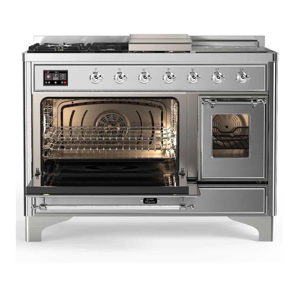 Ilve UM48FSNR3SSCLP Ilve Um48Fsnr3Ssclp Majestic Iii 48 Inch Dual Fuel Range With 5 Black Brass Burners, Griddle And French Top, Dual Function Burner Up To 25,000 Btu (Liquid Propane, Triple Glass Door, Stainless Steel, Chrome)