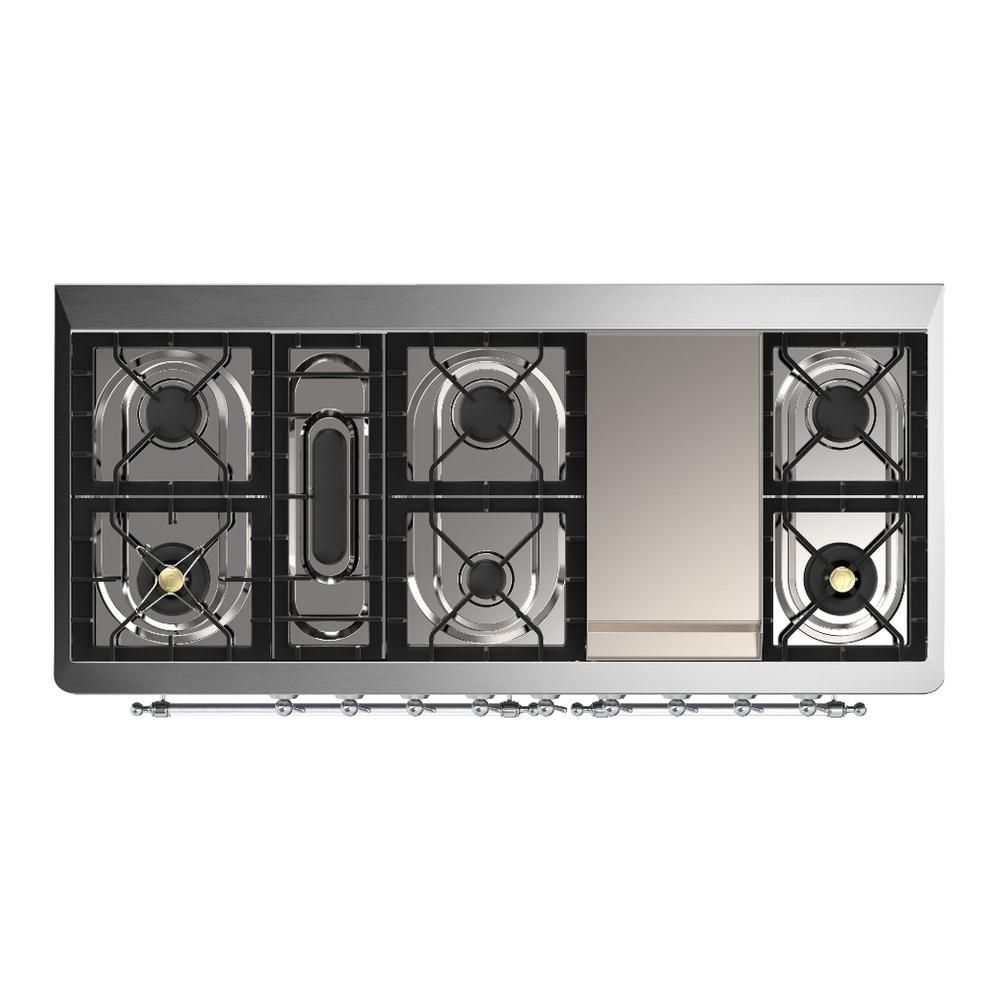 Ilve UM60FNR3SSC Ilve Um60Fnr3Ssc Majestic Iii 60 Inch Dual Fuel Range With 9 Burners And Griddle, Dual Function Burner Up To 25,000 Btu (Natural Gas, Triple Glass Door, Stainless Steel, Chrome)