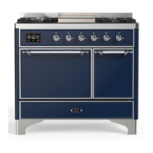Ilve UMD40FQNR3MBC Ilve Umd40Fqnr3Mbc Majestic Iii 40 Inch Dual Fuel Range With 6 Burners And Griddle, Dual Function Burner Up To 25,000 Btu (Natural Gas, Solid Door, Midnight Blue, Chrome)