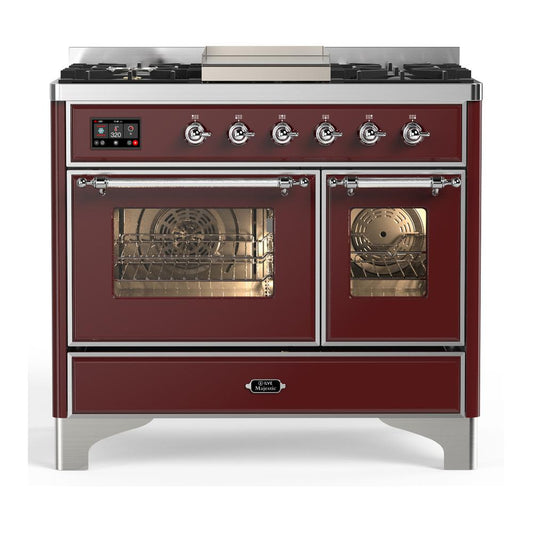 Ilve UMD40FNR3BUCLP Ilve Umd40Fnr3Buclp Majestic Iii 40 Inch Dual Fuel Range With 6 Burners And Griddle, Dual Function Burner Up To 25,000 Btu (Liquid Propane, Triple Glass Door, Burgundy, Chrome)
