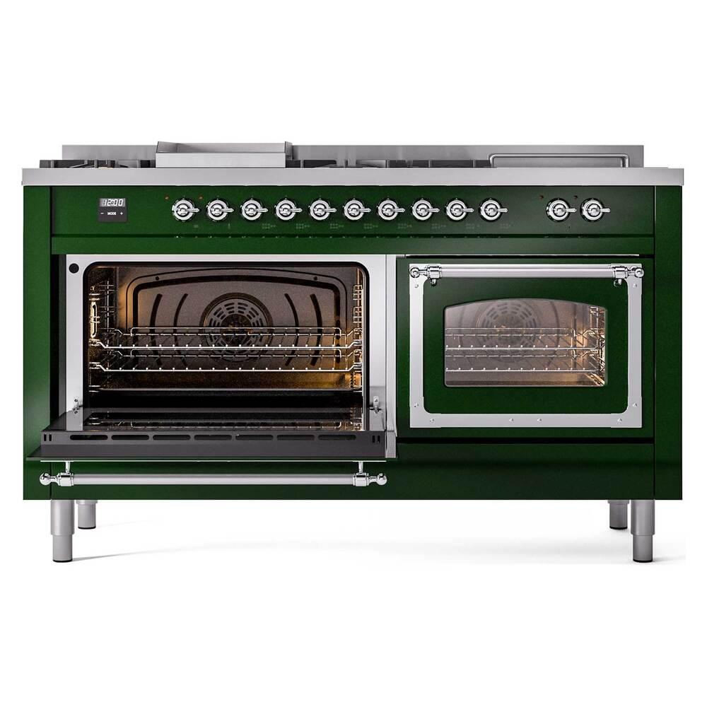 Ilve UN60FSNMPEGCLP Ilve Un60Fsnmpegclp Nostalgie Ii Noblesse 60" Dual Fuel Range (7 Sealed Burners + Griddle + French Top, Liquid Propane, Triple Glass Door, Emerald Green, Chrome)