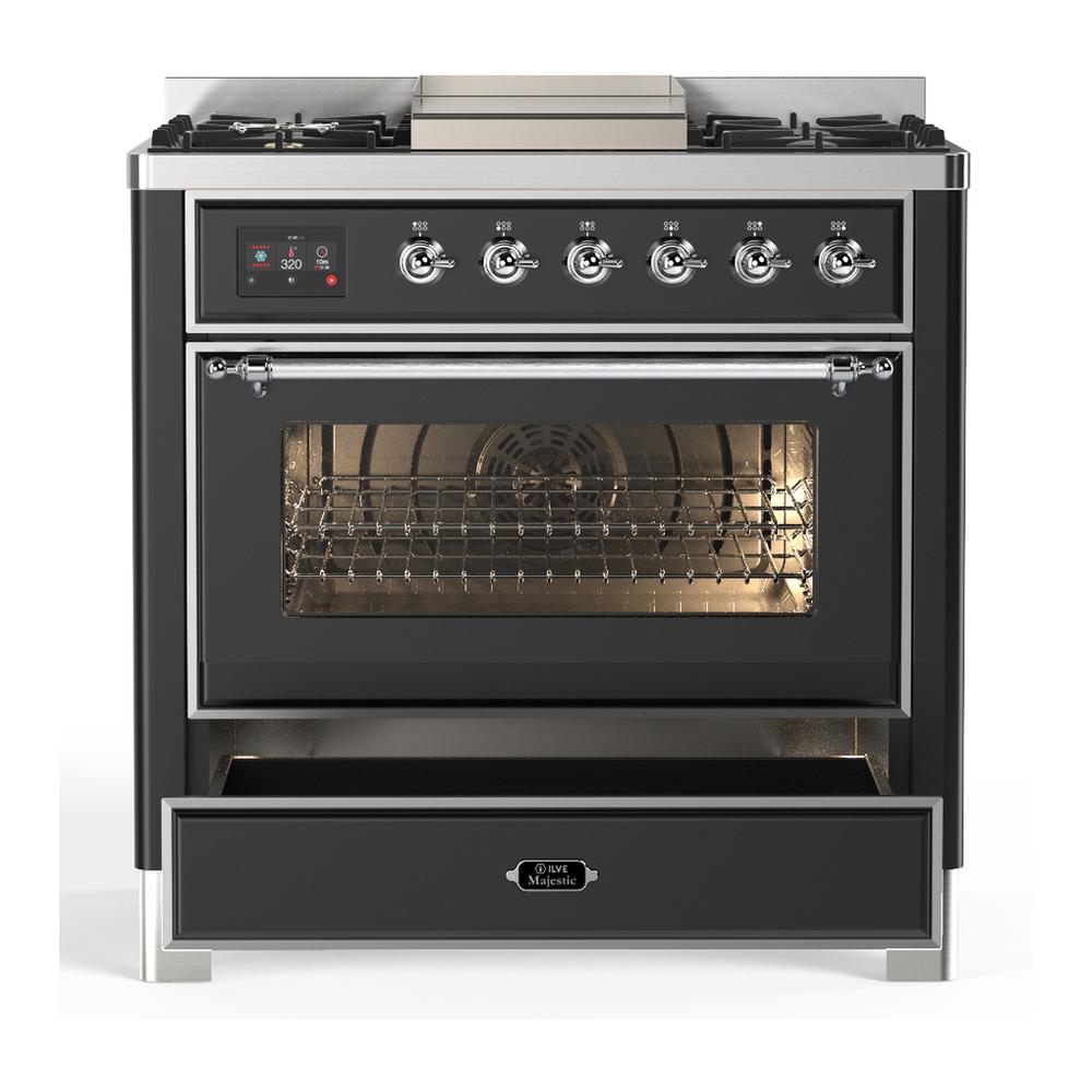 Ilve UM36FNR3MGCLP Ilve Um36Fnr3Mgclp Majestic Iii 36 Inch Dual Fuel Range With 6 Black Brass Burners And Griddle, Dual Function Burner Up To 25,000 Btu (Triple Glass Door, Graphite Matte, Chrome, Liquid Propane)